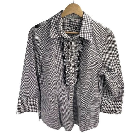 Foxcroft Wrinkle Free checkered Fitted Plaid Button Down Ruffle Blouse Size 10 - Picture 1 of 11